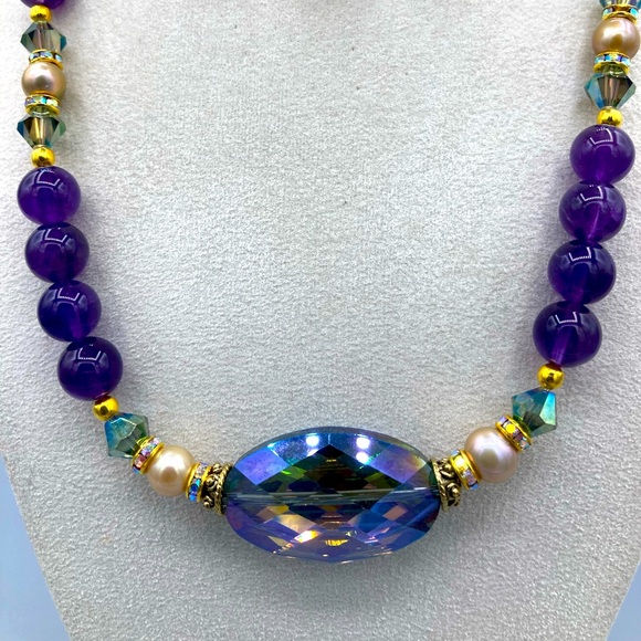 Genuine Amethyst, Champagne Pearl & Faceted Crystal Necklace Set - Picture 4 of 5